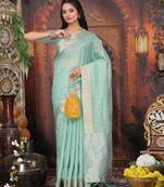 rama green color orgenza zari woven saree with blouse