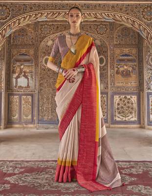 red poly viscose silk blend stripes kanjeevaram zari weaving saree 1