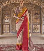 red poly viscose silk blend stripes kanjeevaram zari weaving saree