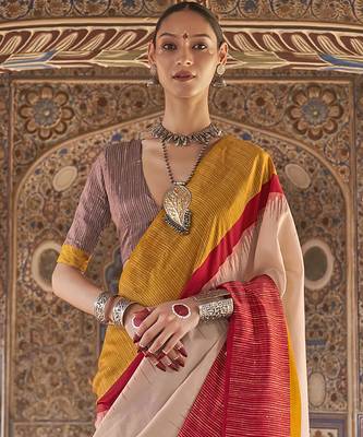 red poly viscose silk blend stripes kanjeevaram zari weaving saree 3