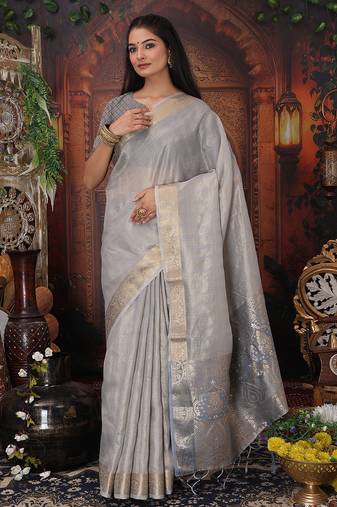 grey color orgenza zari woven saree with blouse
