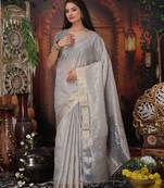 grey color orgenza zari woven saree with blouse