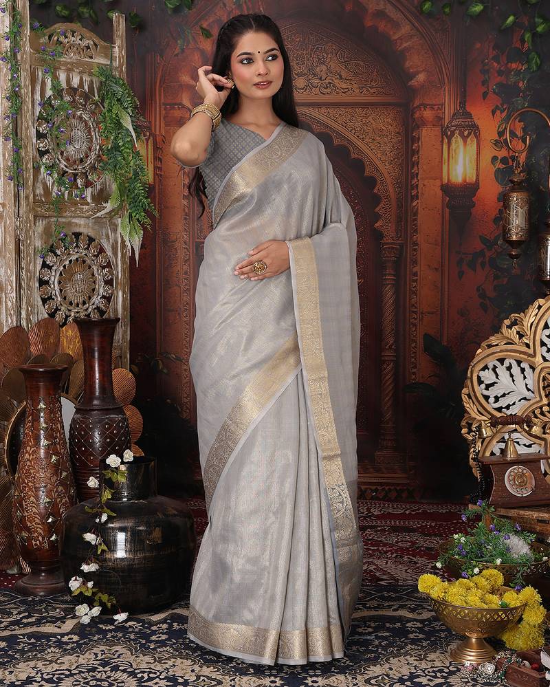 grey color orgenza zari woven saree with blouse