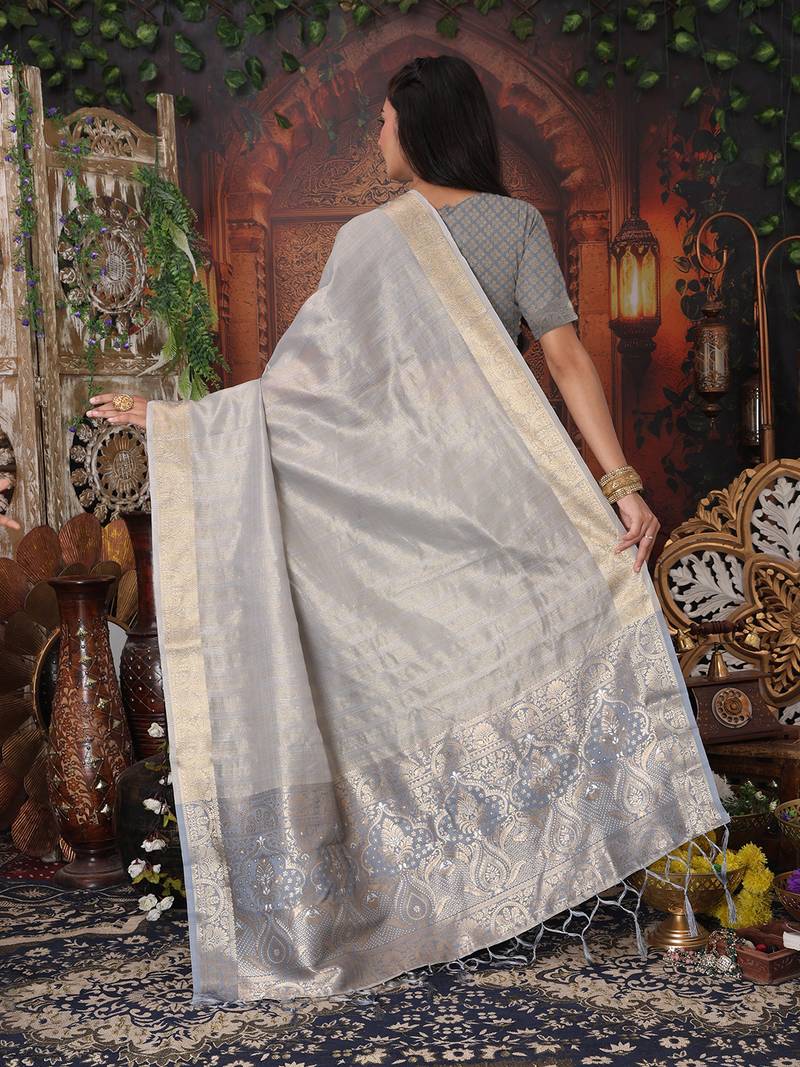 grey color orgenza zari woven saree with blouse