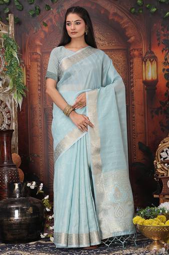 sky blue color orgenza zari woven saree with blouse