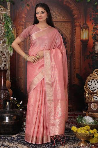 pink color orgenza zari woven saree with blouse
