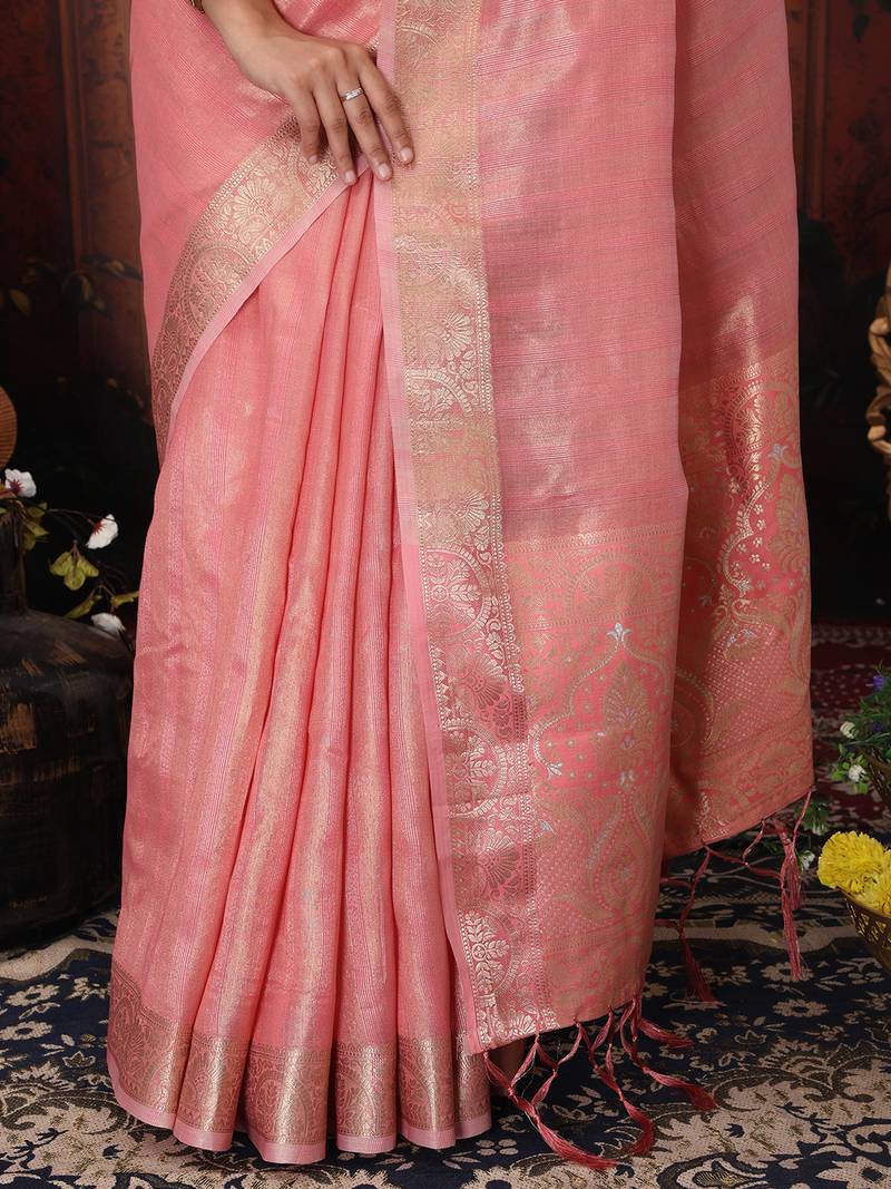 pink color orgenza zari woven saree with blouse