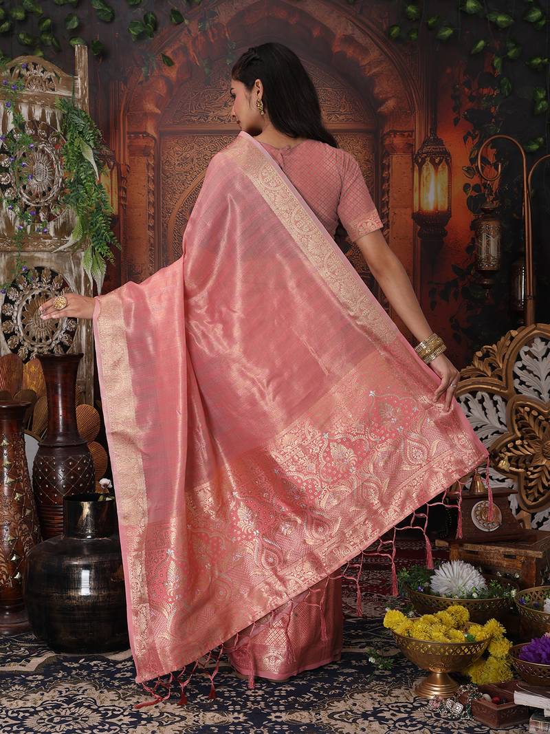 pink color orgenza zari woven saree with blouse