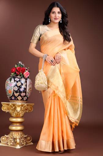 orange color cotton plain zari border saree with blouse