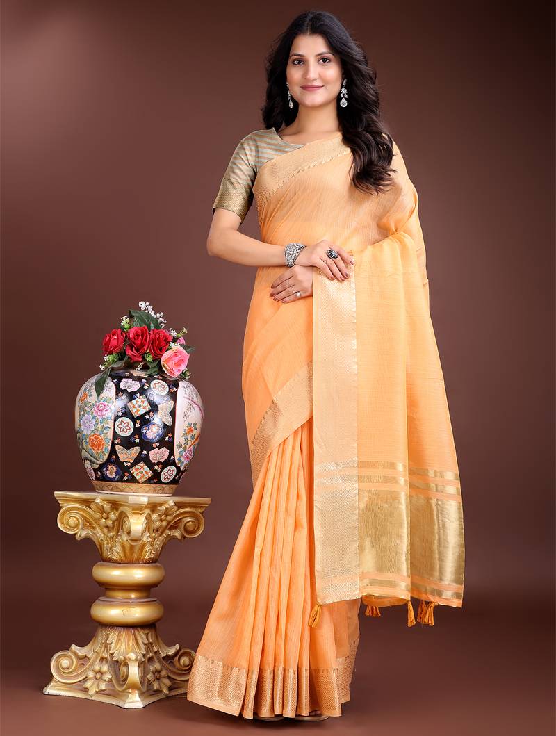 orange color cotton plain zari border saree with blouse