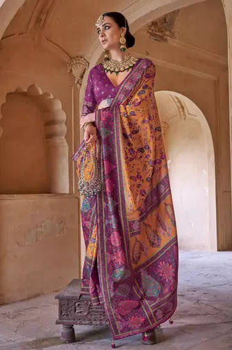 mustard yellow soft silk blend floral and paisley printed kashmiri jamewar saree