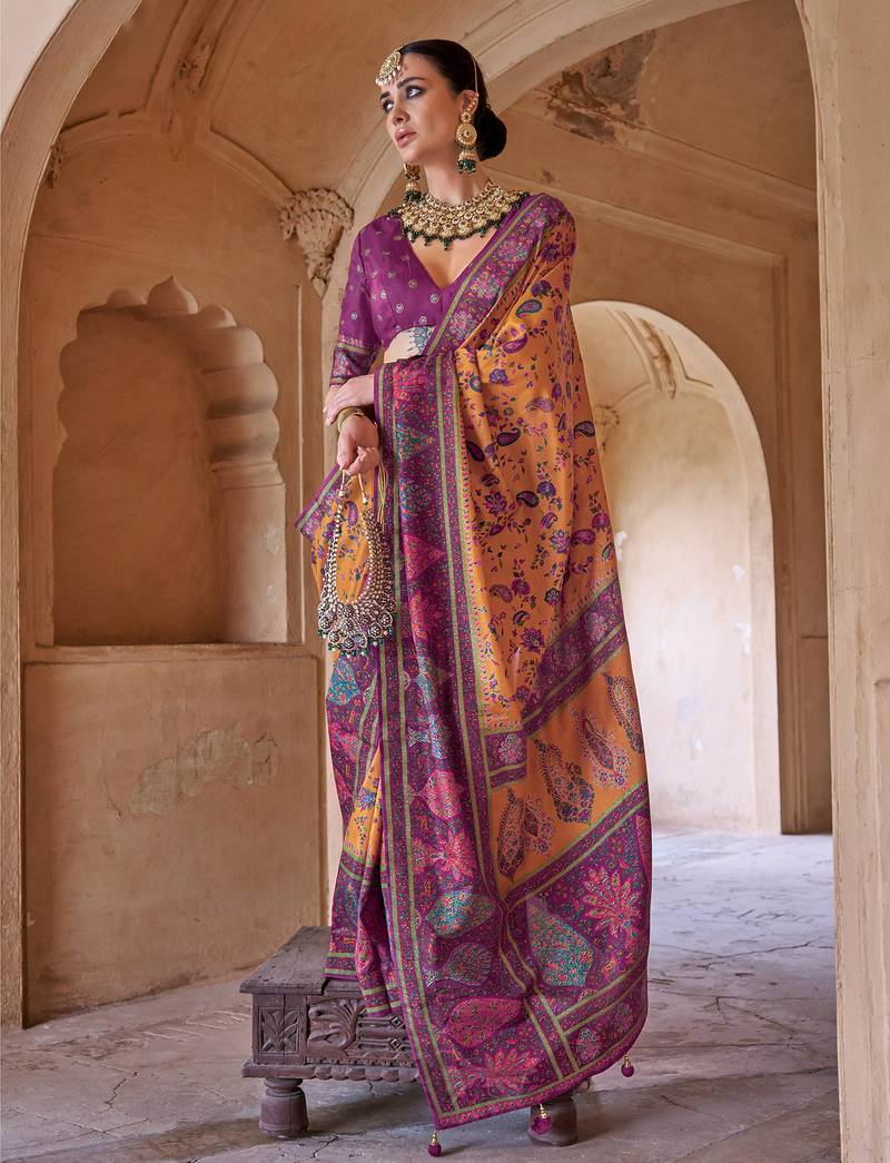 mustard yellow soft silk blend floral and paisley printed kashmiri jamewar saree