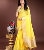 yellow color cotton plain zari border saree with blouse