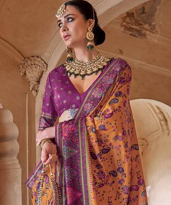 mustard yellow soft silk blend floral and paisley printed kashmiri jamewar saree 2