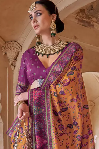 mustard yellow soft silk blend floral and paisley printed kashmiri jamewar saree