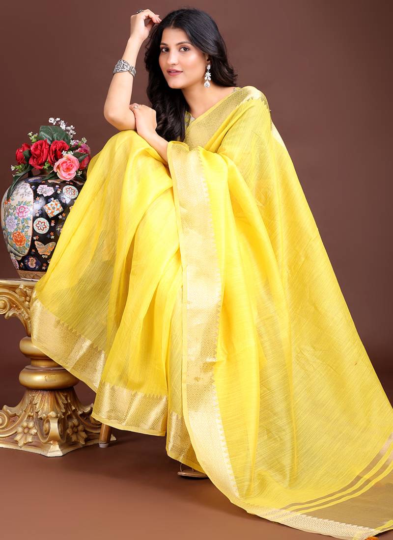 yellow color cotton plain zari border saree with blouse