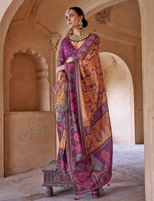 mustard yellow soft silk blend floral and paisley printed kashmiri jamewar saree 4