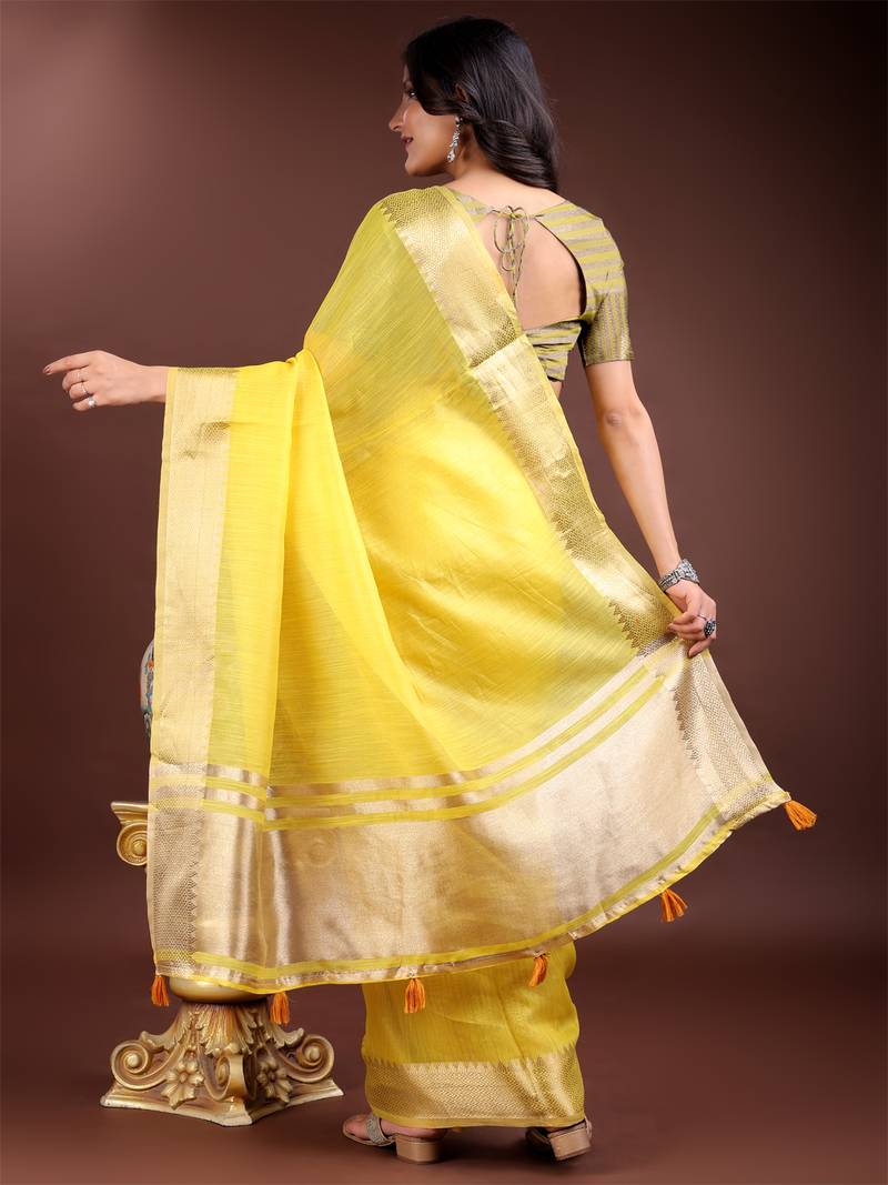 yellow color cotton plain zari border saree with blouse