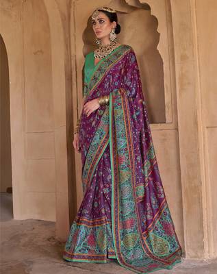 purple soft silk blend floral and paisley printed kashmiri jamewar saree 1