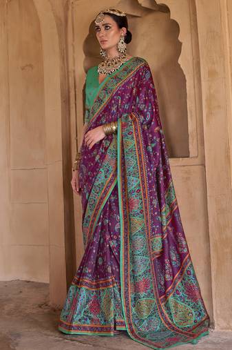 purple soft silk blend floral and paisley printed kashmiri jamewar saree