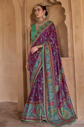 purple soft silk blend floral and paisley printed kashmiri jamewar saree