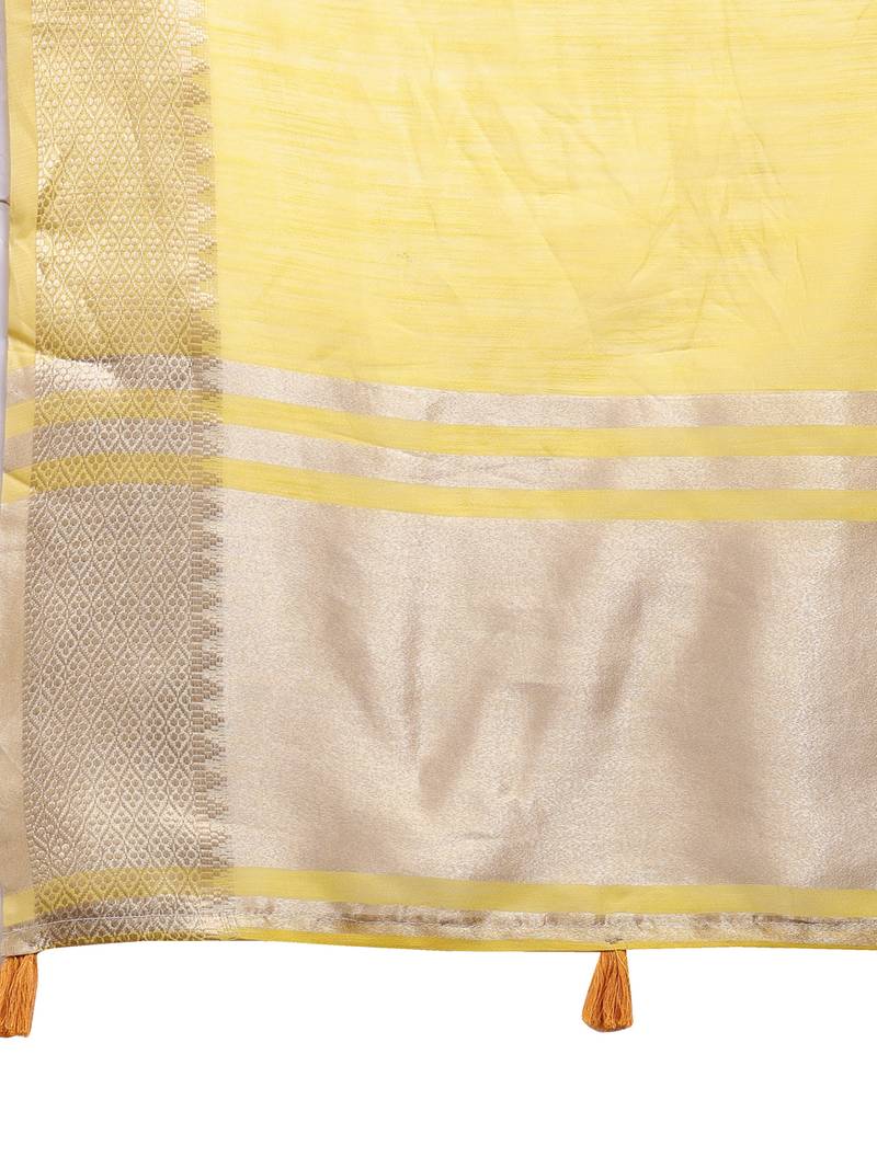 yellow color cotton plain zari border saree with blouse