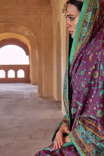purple soft silk blend floral and paisley printed kashmiri jamewar saree