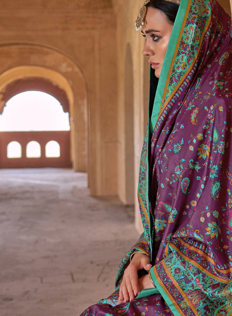 purple soft silk blend floral and paisley printed kashmiri jamewar saree
