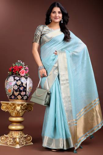 sky_blue color cotton plain zari border saree with blouse