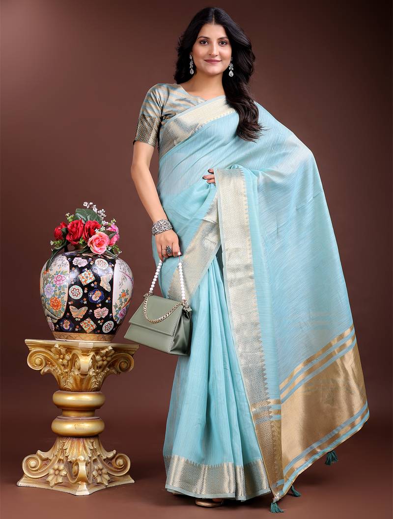 sky_blue color cotton plain zari border saree with blouse
