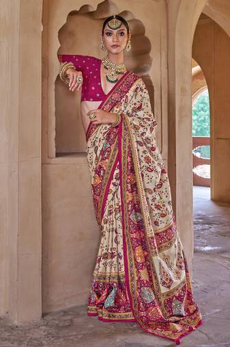 off white soft silk blend floral and paisley printed kashmiri jamewar saree