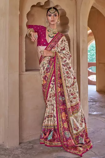 off white soft silk blend floral and paisley printed kashmiri jamewar saree
