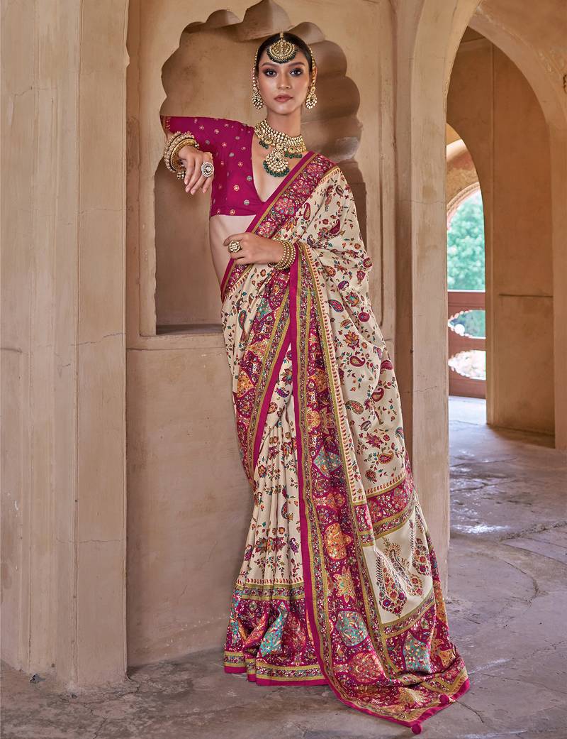  off white soft silk blend floral and paisley printed kashmiri jamewar saree