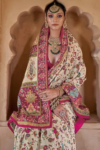  off white soft silk blend floral and paisley printed kashmiri jamewar saree