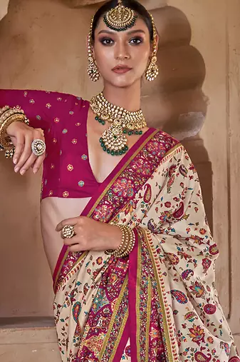  off white soft silk blend floral and paisley printed kashmiri jamewar saree