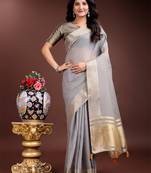 grey color cotton plain zari border saree with blouse