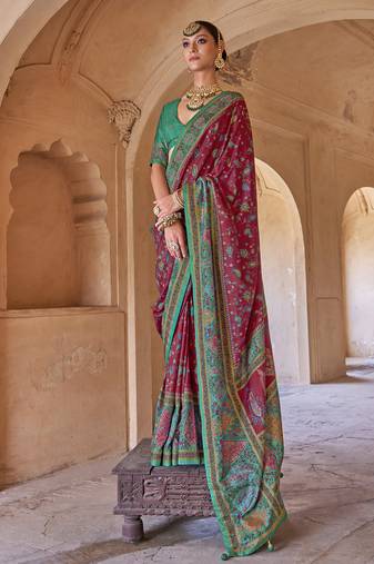 maroon soft silk blend floral and paisley printed kashmiri jamewar saree
