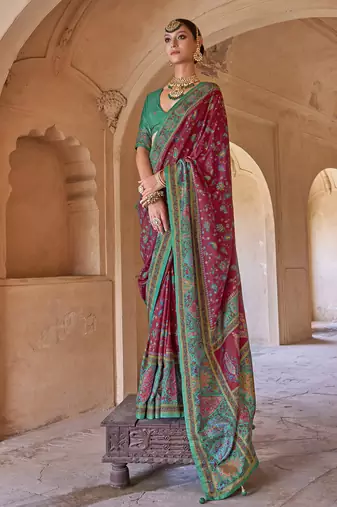 maroon soft silk blend floral and paisley printed kashmiri jamewar saree