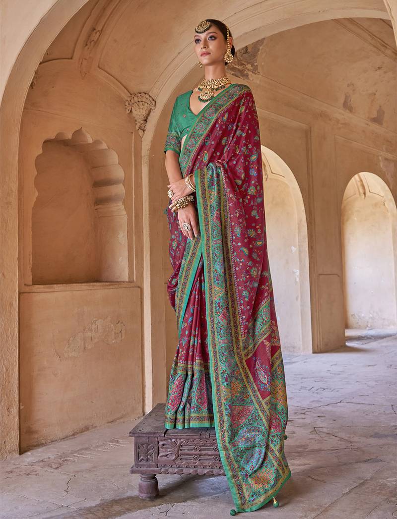 maroon soft silk blend floral and paisley printed kashmiri jamewar saree