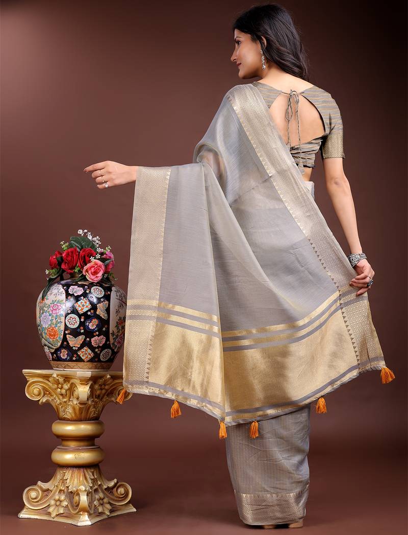 grey color cotton plain zari border saree with blouse
