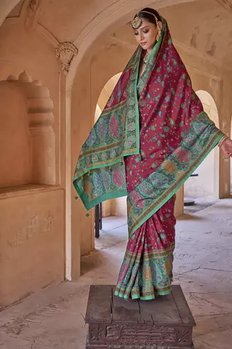maroon soft silk blend floral and paisley printed kashmiri jamewar saree