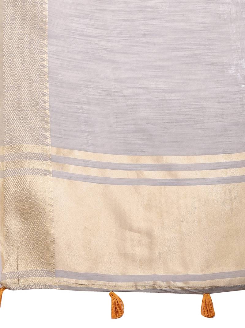 grey color cotton plain zari border saree with blouse