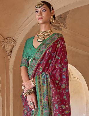 maroon soft silk blend floral and paisley printed kashmiri jamewar saree 3
