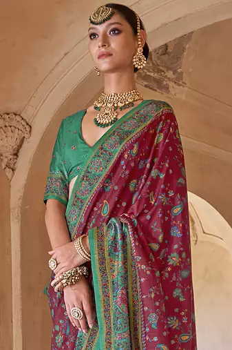 maroon soft silk blend floral and paisley printed kashmiri jamewar saree