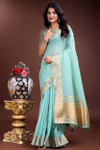 sea Blue color cotton plain zari border saree with blouse