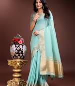 sea Blue color cotton plain zari border saree with blouse