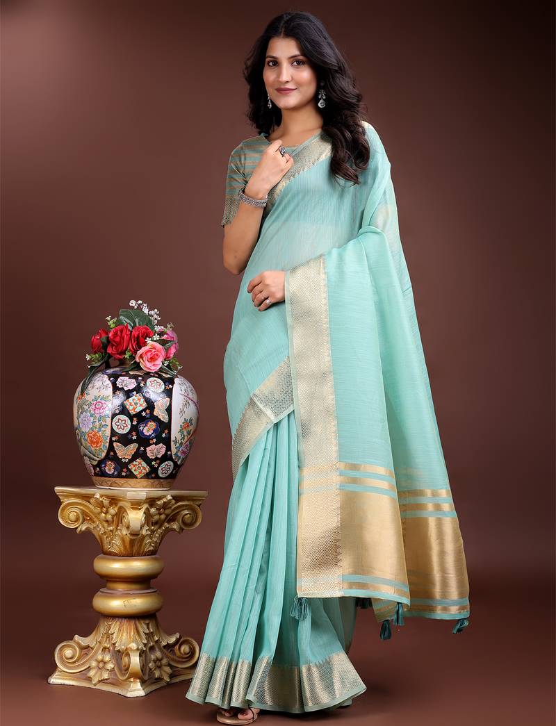 sea Blue color cotton plain zari border saree with blouse