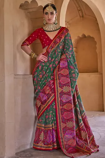  green soft silk blend floral and paisley printed kashmiri jamewar saree