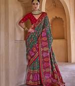  green soft silk blend floral and paisley printed kashmiri jamewar saree