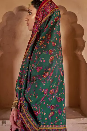 green soft silk blend floral and paisley printed kashmiri jamewar saree